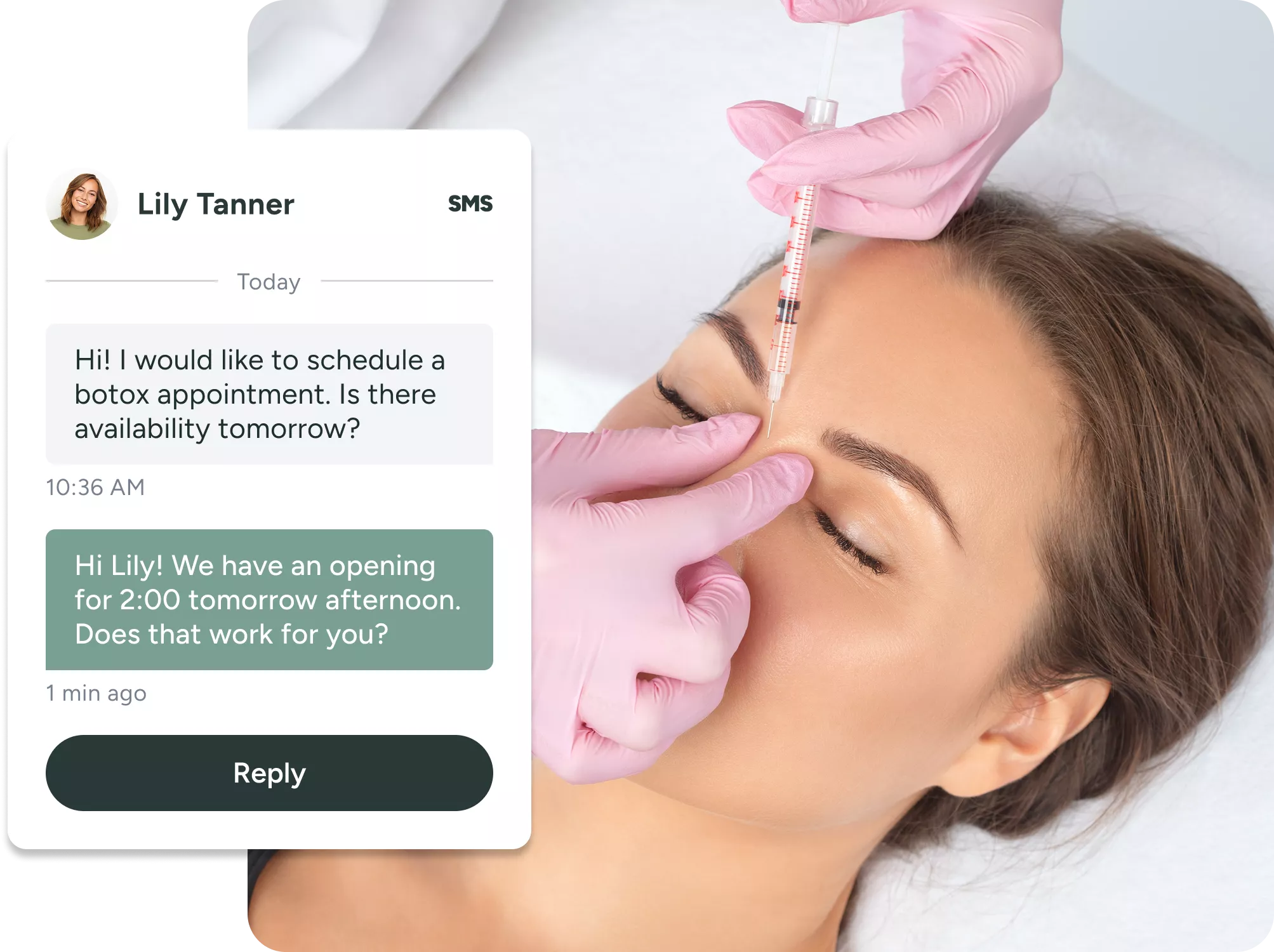 injector injecting botox into forehead after engaging with client via text