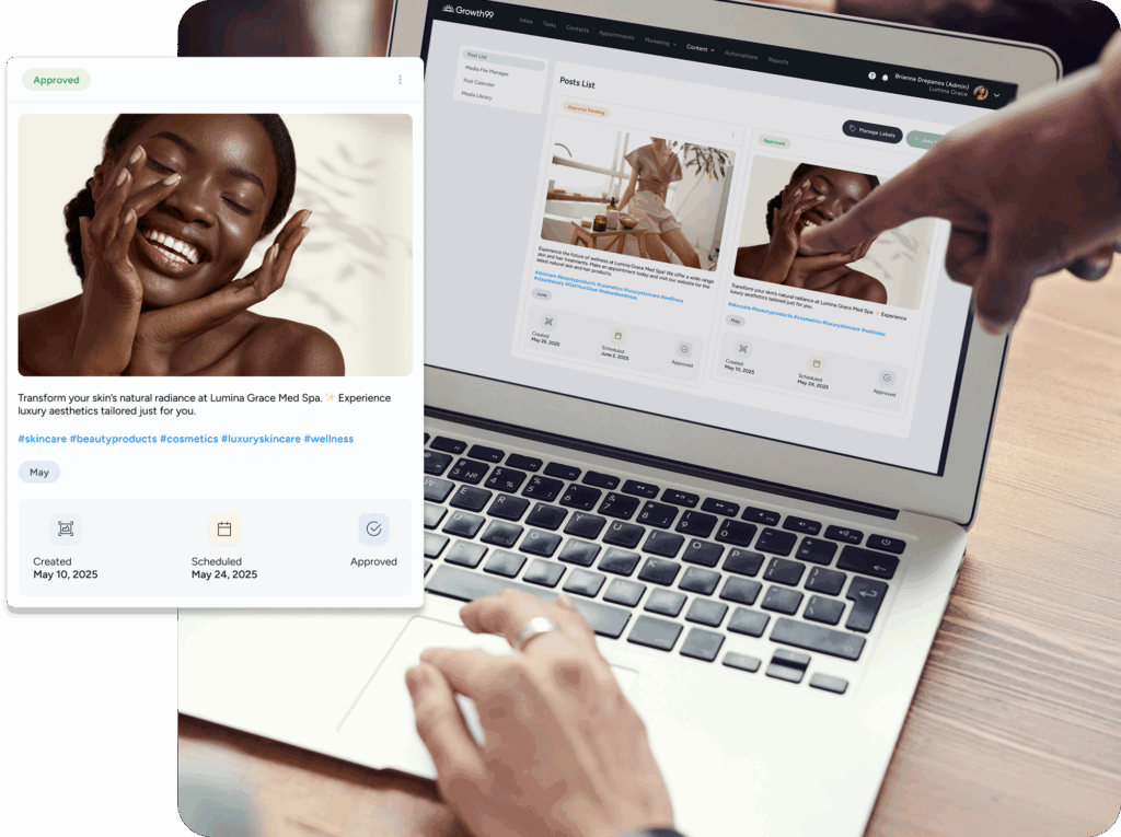 woman pointing to screen showing how growth99 has helped in marketing your practice's services