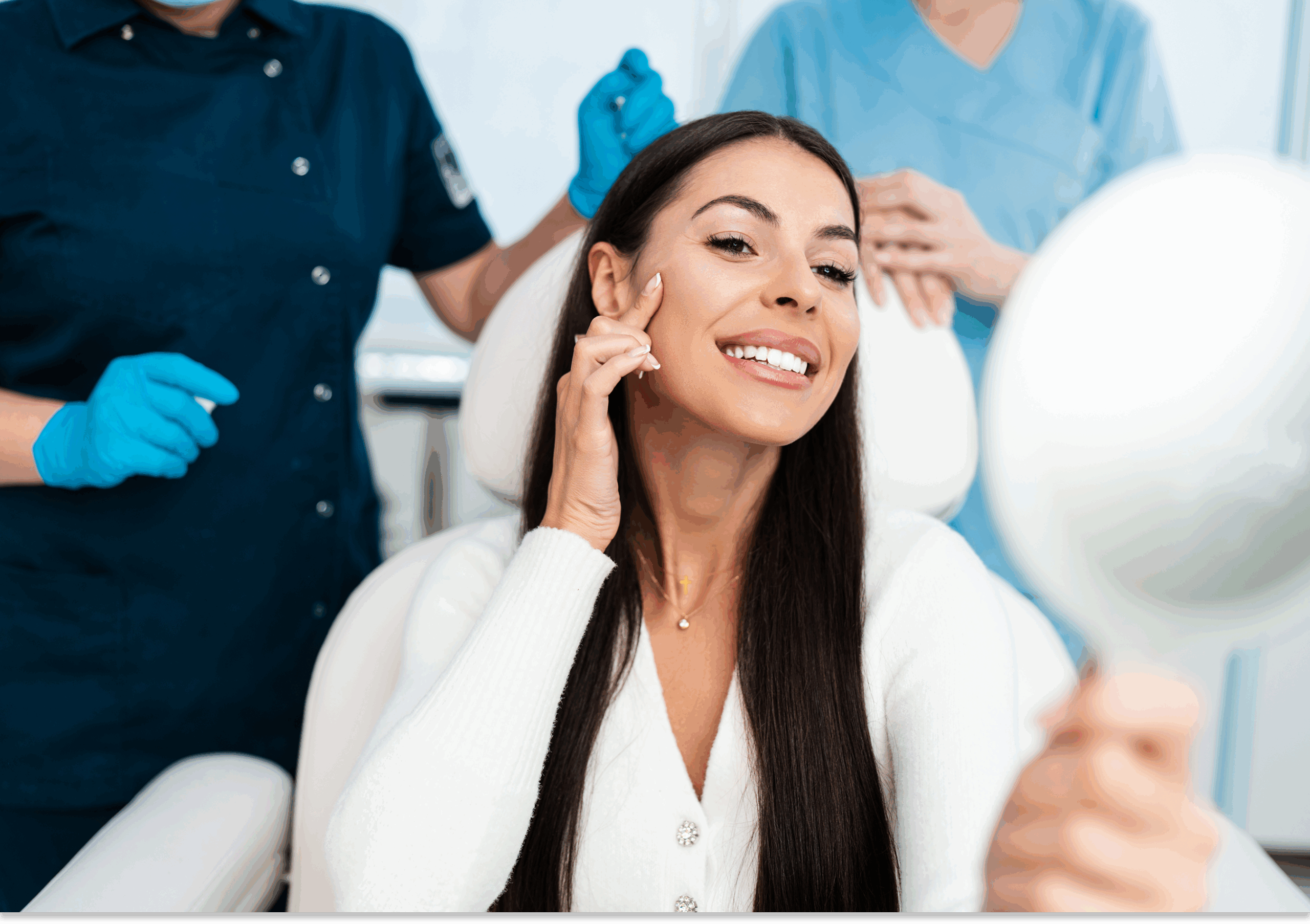 med spa practitioners standing behind patient showcasing quality work