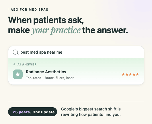 Mock AI-powered search result for "best med spa near me," showing a single top-rated practice surfaced as the recommended answer, illustrating Answer Engine Optimization for med spas.