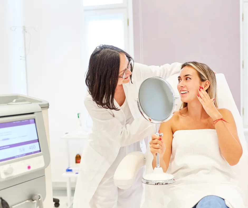 A med spa provider showing a smiling patient her aesthetic treatment results in a hand mirror during an in-practice consultation.