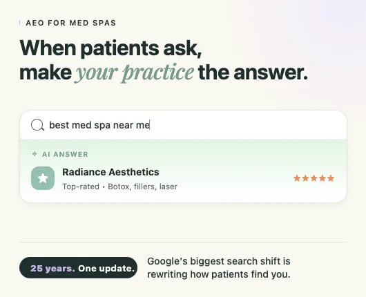 Mock AI-powered search result for "best med spa near me," showing a single top-rated practice surfaced as the recommended answer, illustrating Answer Engine Optimization for med spas.